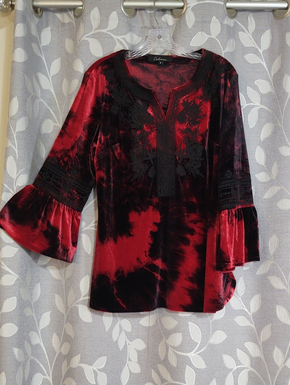 Caleoas Red & Black Velvet Embroidered Tie-Dye Bell Sleeve Top size S